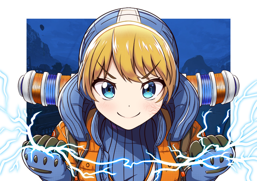 1girl, absurdres, animification, apex_legends, bangs, blonde_hair, blue_bodysuit, blue_gloves, blue_headwear, blush, bodysuit, clenched_hands, electricity, english_commentary, eyebrows_visible_through_hair, gloves, highres, huge_filesize, jacket, kings_canyon, noredji, orange_jacket, portrait, ribbed_bodysuit, scar, scar_on_cheek, scar_on_face, smile, solo, v-shaped_eyebrows, wattson_(apex_legends)