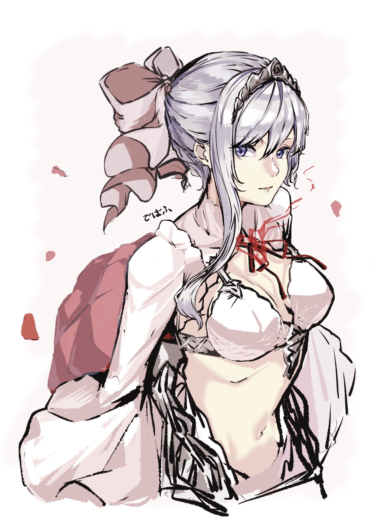 1girl, armor, bow, bra, cropped_jacket, debuff999, flower, grey_eyes, hair_bow, happy, highres, looking_at_viewer, navel, parted_lips, petals, rose, sidelocks, simple_background, sinoalice, skirt, snow_white_(sinoalice), solo, tiara, underwear, white_background, white_hair