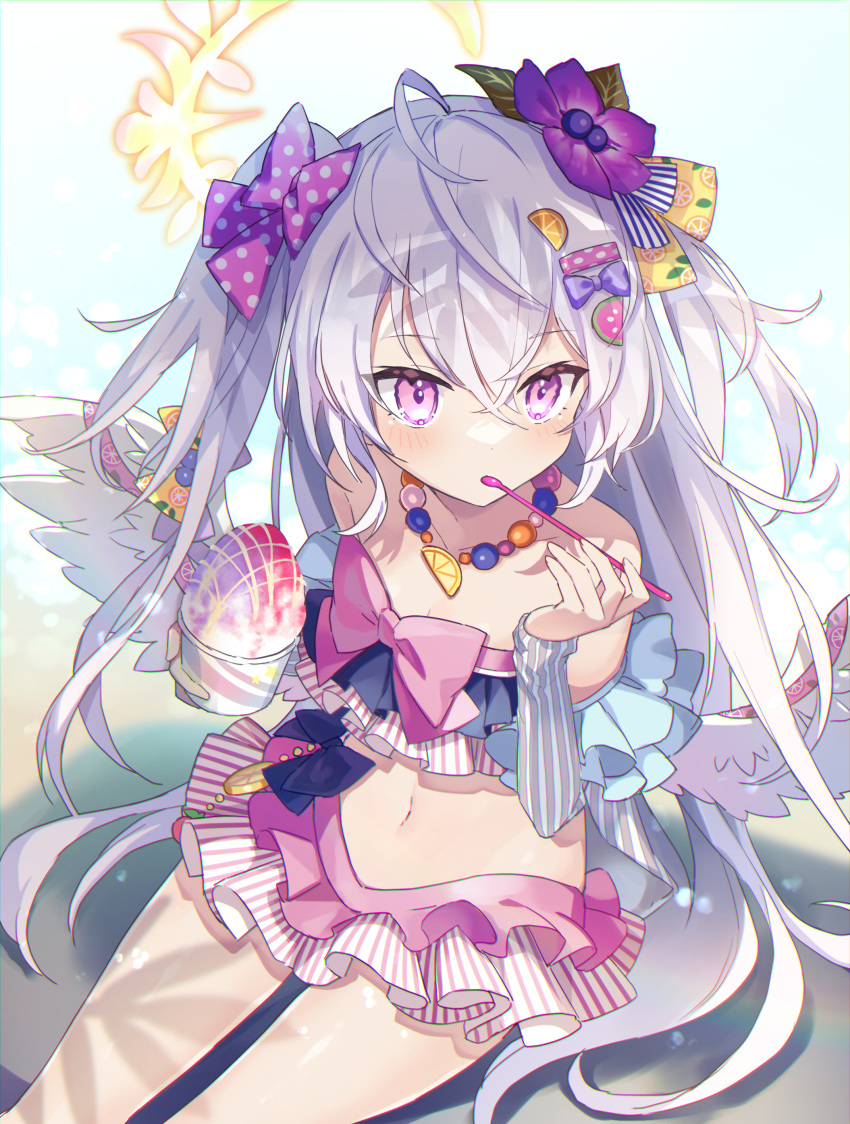1girl, absurdres, azusa_(blue_archive), bangs, bead_necklace, beads, bikini, blue_archive