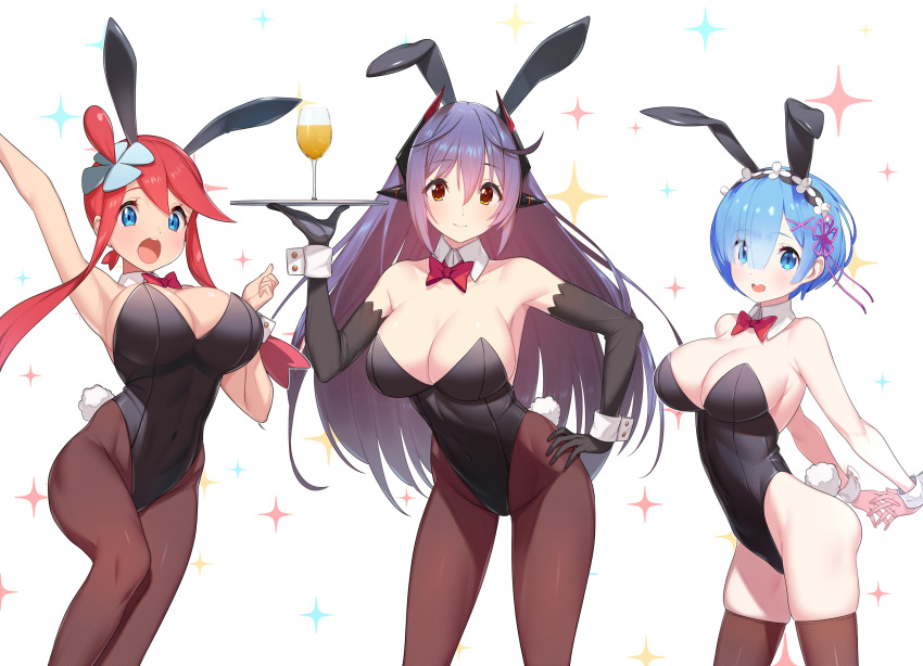 3girls, absurdres, animal_ears, black_leotard, bow, bowtie, breasts, check_commentary
