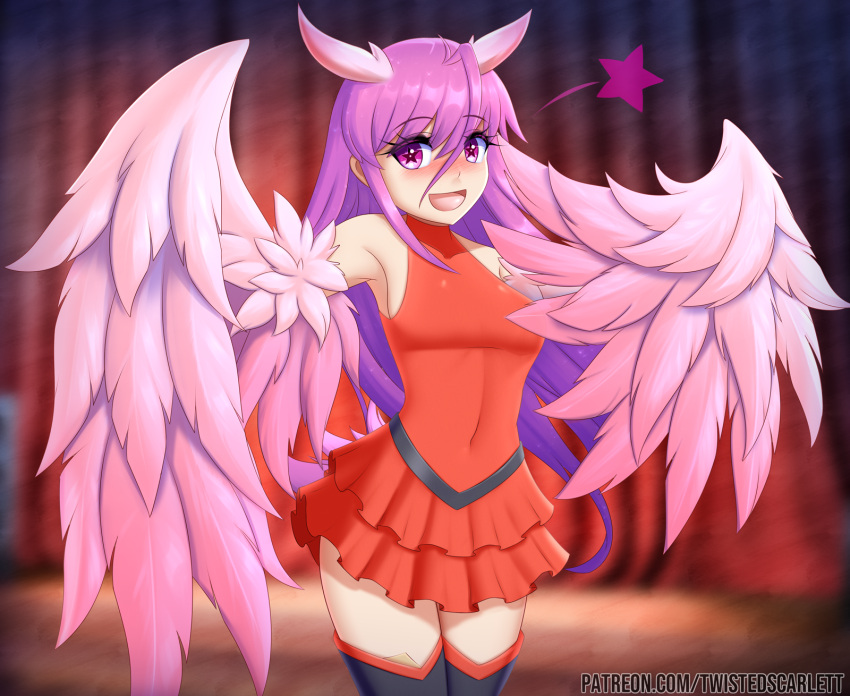 1girl, :d, bangs, bare_shoulders, bird_tail, black_legwear, blush, breasts