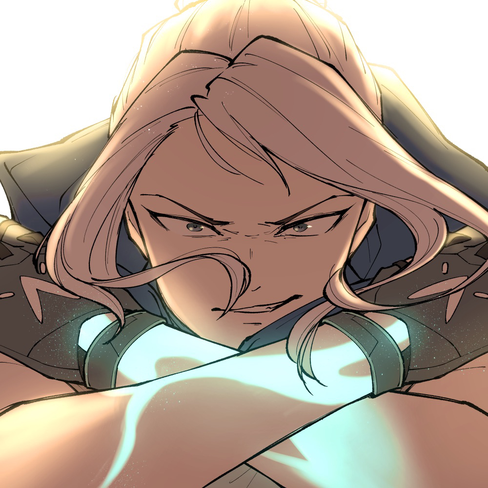 1girl, bangs, blue_eyes, crossed_arms, floating_hair, gloves, glowing, grey_gloves