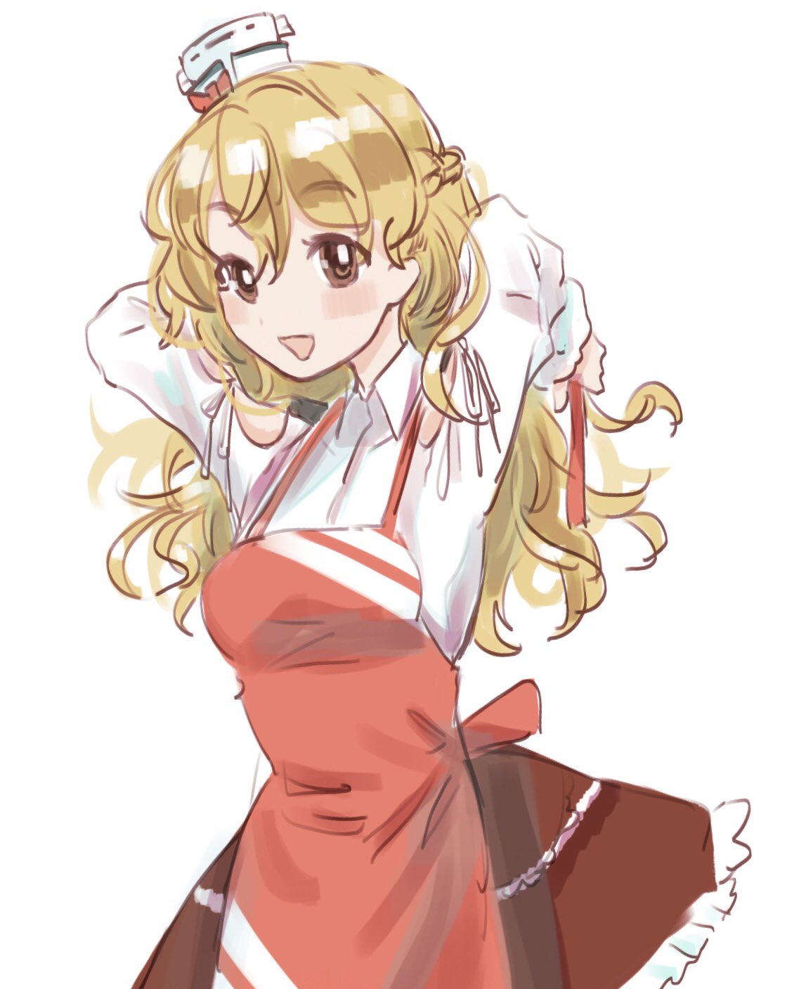 1girl, apron, arms_up, bangs, blonde_hair, blush, braid, breasts