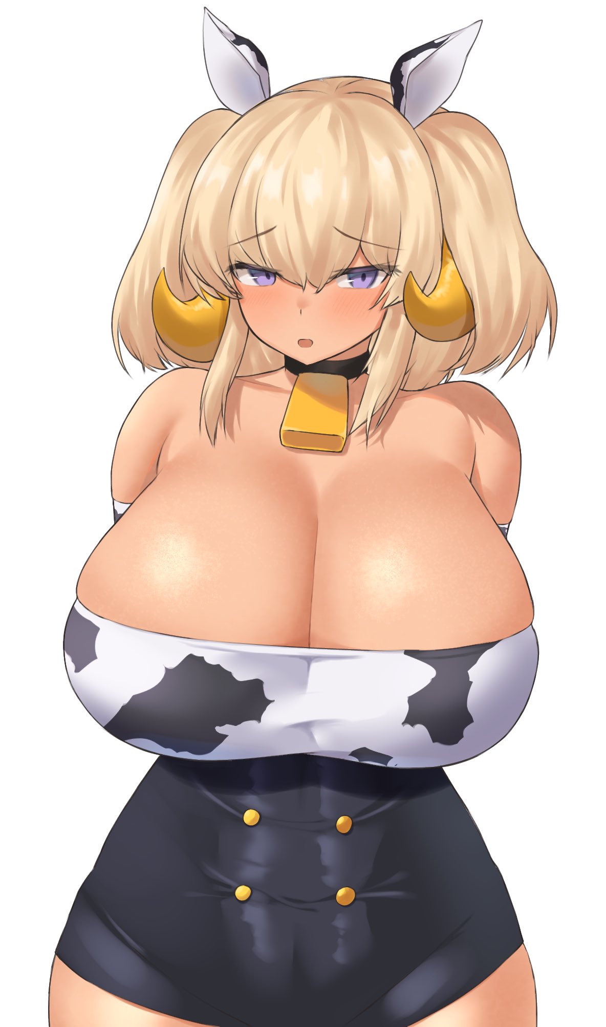 1girl, animal_ears, animal_print, arms_behind_back, bare_shoulders, bell, blonde_hair, blush