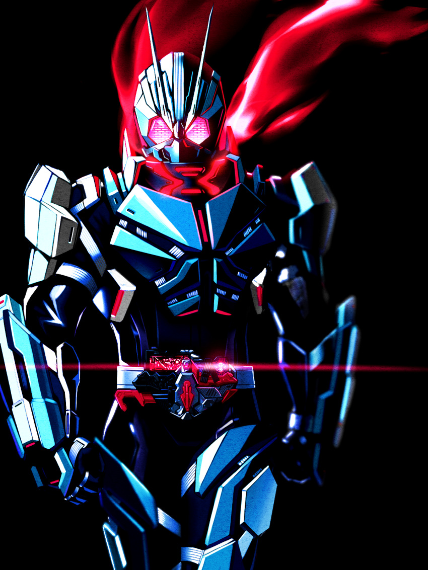 1boy, antennae, armor, black_background, blue_armor, body_armor, compound_eyes, full_armor, highres, kamen_rider, kamen_rider_01_(series), kamen_rider_type-1, kooun_no_ryuusei_zero, looking_at_viewer, pink_eyes, progrise_key, rider_belt, simple_background, solo, tokusatsu