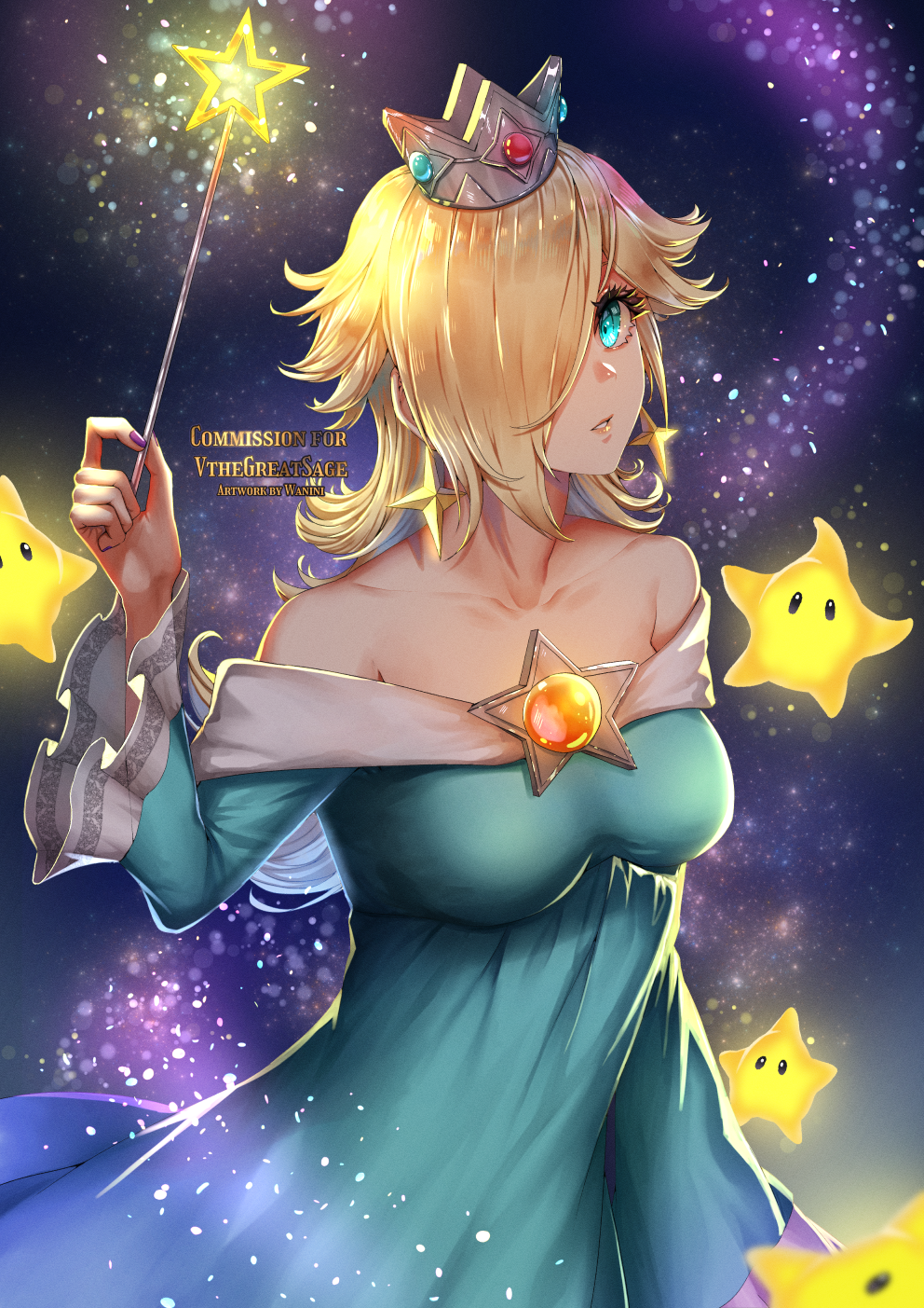 1girl, blonde_hair, blue_dress, blue_eyes, breasts, brooch, collarbone, crown