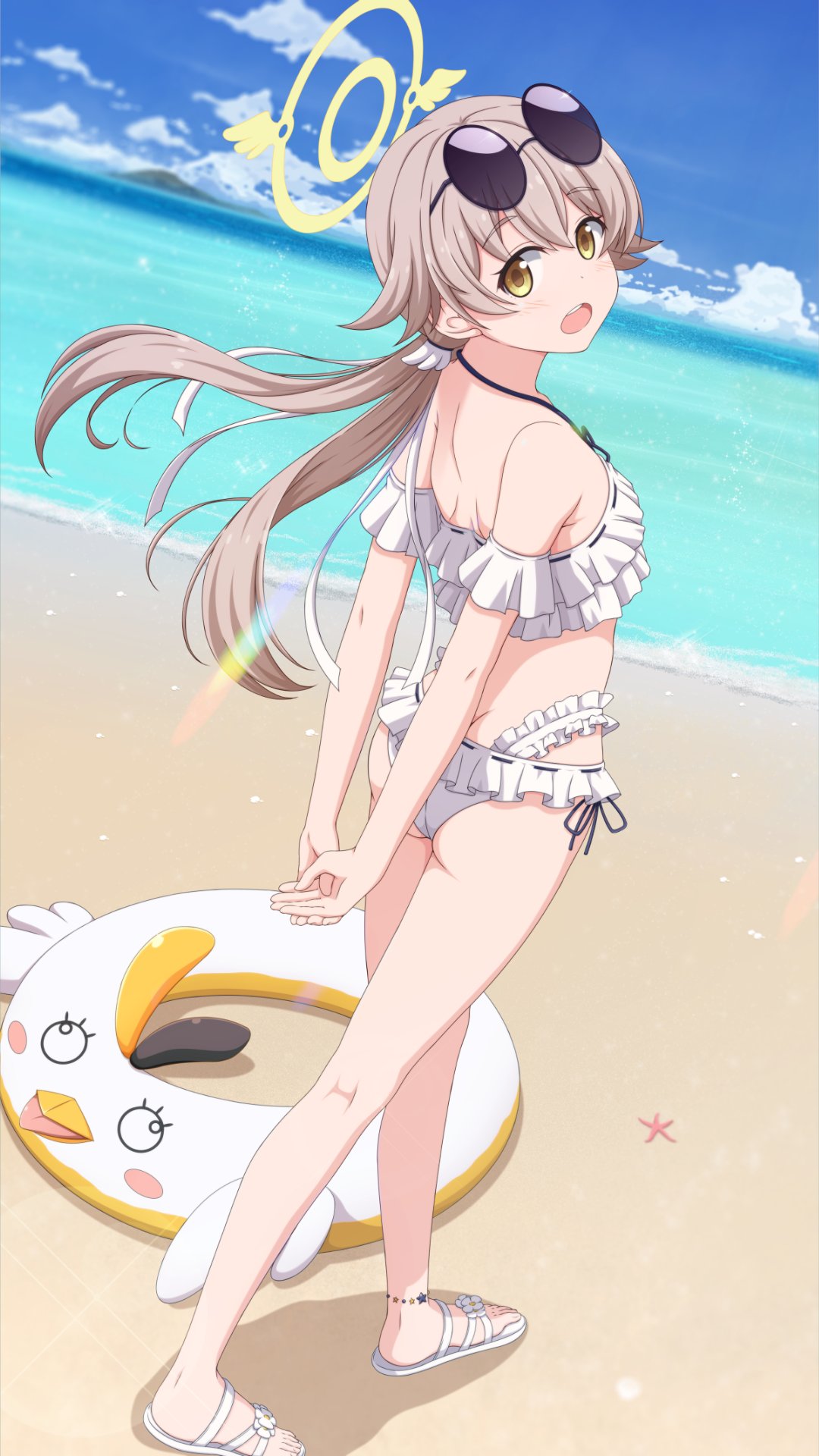 1girl, arms_behind_back, beach, blue_archive, blush, commentary_request, full_body, halo, hifumi_(blue_archive), highres, ishida_seito, light_brown_hair, long_hair, looking_at_viewer, looking_back, low_twintails, ocean, open_mouth, peroro_(blue_archive), sky, solo, sunglasses, swimsuit, twintails, yellow_eyes
