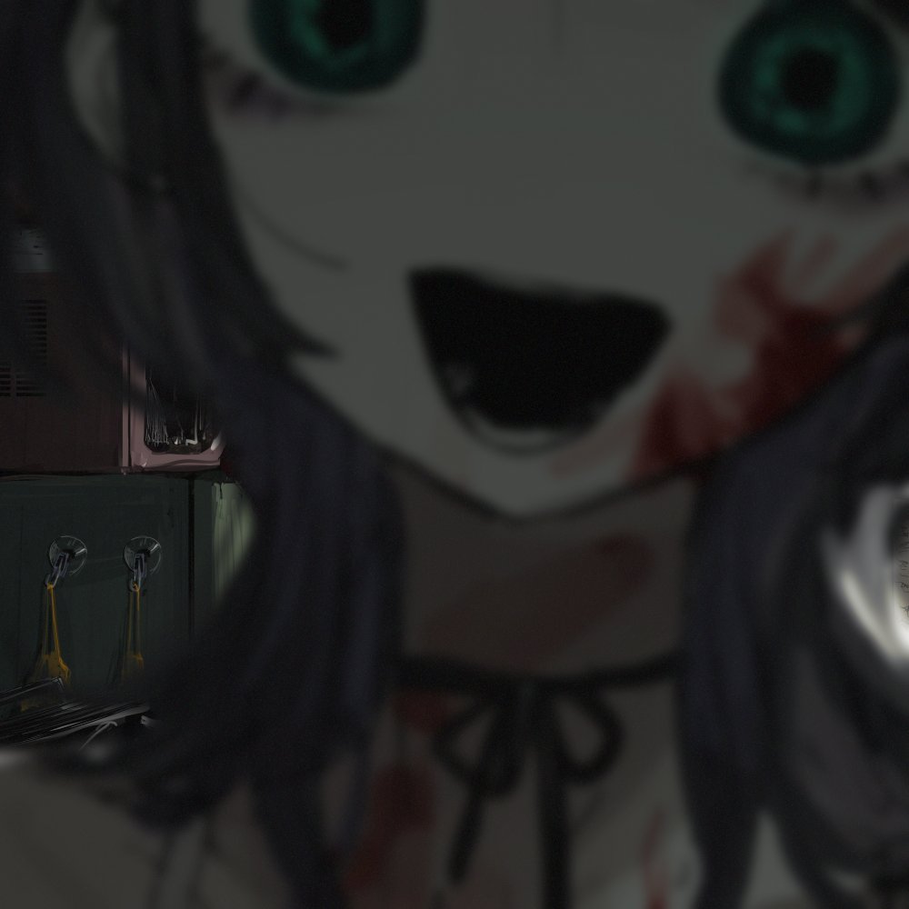 1girl, black_hair, blood, blood_on_face, blurry, blurry_foreground, choker, close-up