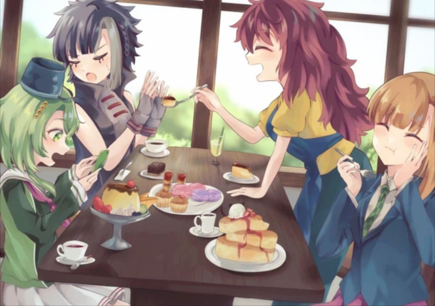 4girls, :>, bucket, chidouin_sara, closed_eyes, coffee, collared_jacket, cupcake, eating, egokoro_nao, feeding, fingerless_gloves, food, gloves, hair_ornament, hand_on_own_face, kimi_ga_shine, kizuchi_kanna, long_hair, looking_back, makeup, multiple_girls, necktie, open_mouth, overalls, pahenyon, pancake, pudding, school_uniform, short_sleeves, smile, striped, sweets, table, taking_picture, window, yabusame_reko