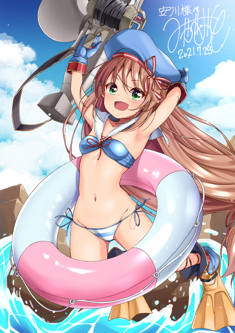 1girl, :d, armpits, bangs, bikini, blue_bikini, blue_gloves, blue_headwear