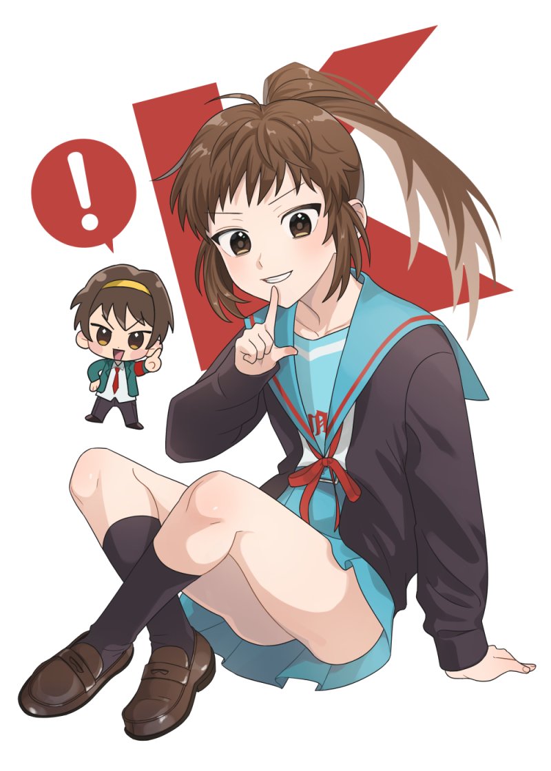 !, 1boy, 1girl, armband, bangs, black_legwear, blazer, blue_sailor_collar
