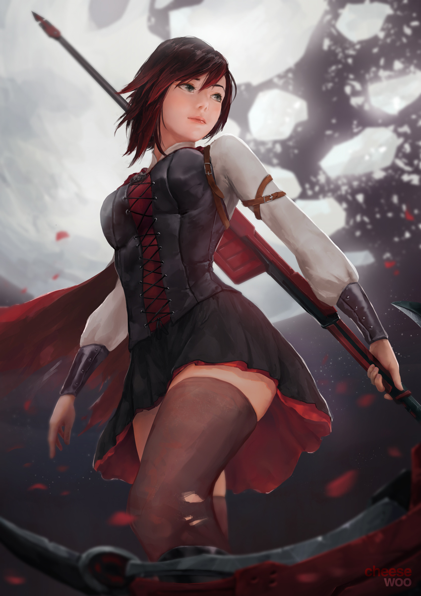 1girl, black_skirt, brown_eyes, brown_hair, brown_legwear, bustier, closed_mouth, crescent_rose, from_below, gradient_hair, highres, holding, holding_scythe, isaac_liew, long_sleeves, miniskirt, multicolored_hair, petals, pleated_skirt, redhead, ruby_rose, rwby, scythe, shirt, short_hair, skirt, solo, standing, thigh-highs, torn_clothes, torn_legwear, white_shirt, zettai_ryouiki