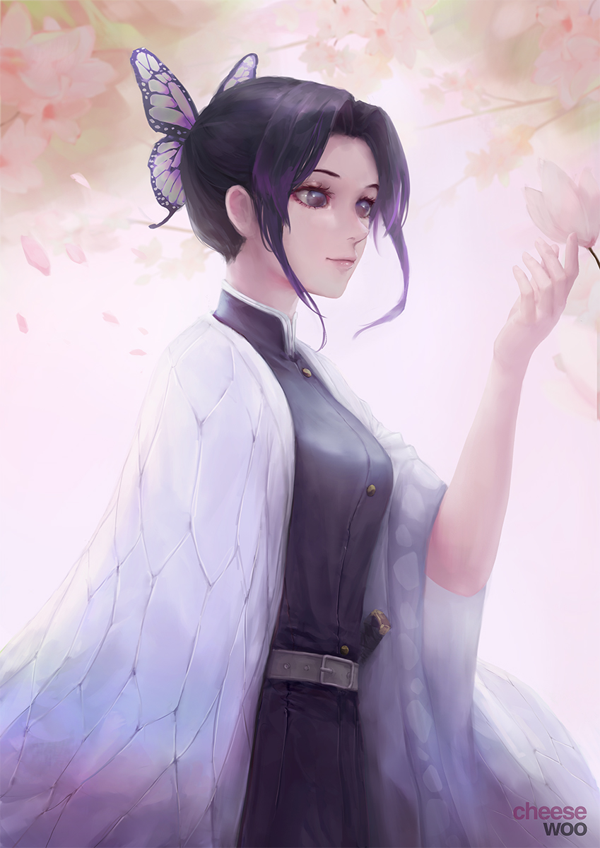 1girl, belt_buckle, black_eyes, black_hair, black_jacket, buckle, butterfly_hair_ornament, closed_mouth