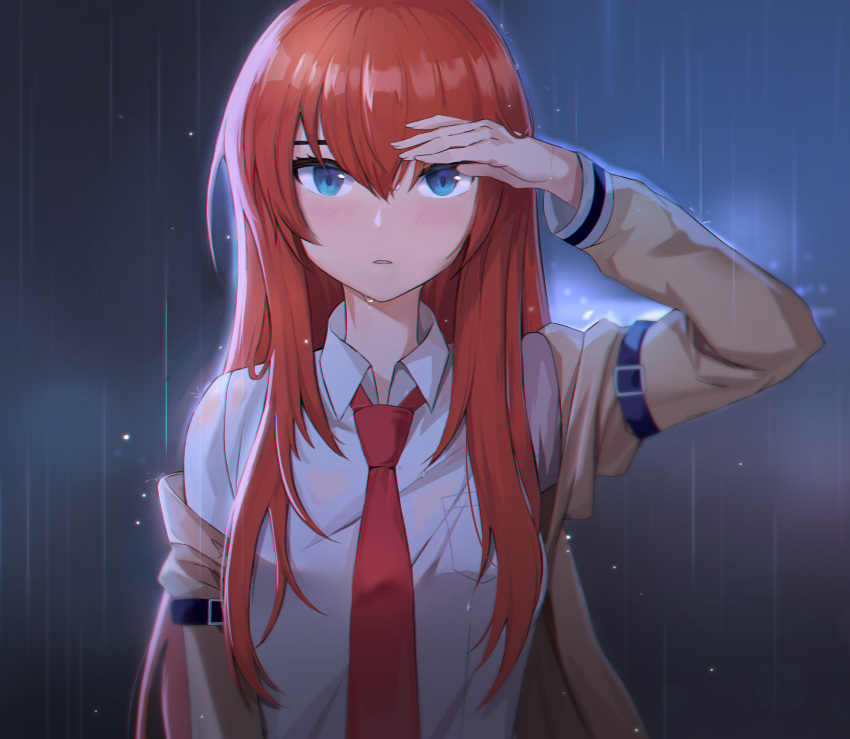 1girl, bangs, blue_eyes, blush, brown_coat, coat, collared_shirt, hair_between_eyes, highres, long_hair, long_sleeves, looking_at_viewer, makise_kurisu, necktie, outdoors, parted_lips, rain, red_neckwear, redhead, rjh5820, shiny, shiny_hair, shirt, solo, steins;gate, straight_hair, upper_body, very_long_hair, wet, wet_clothes, wet_shirt, white_shirt, wing_collar