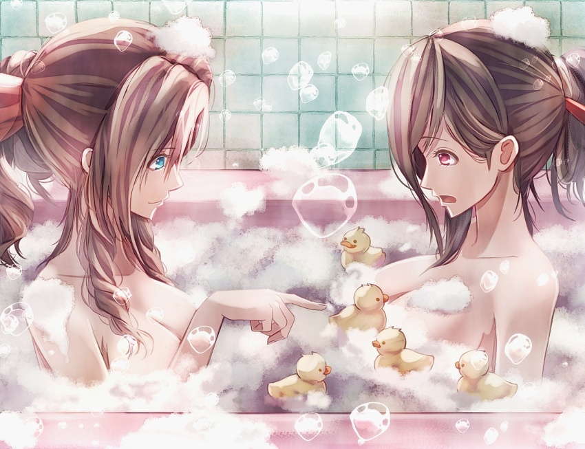 2girls, aerith_gainsborough, alternate_hairstyle, aqua_eyes, bangs, bath, breasts, bubble