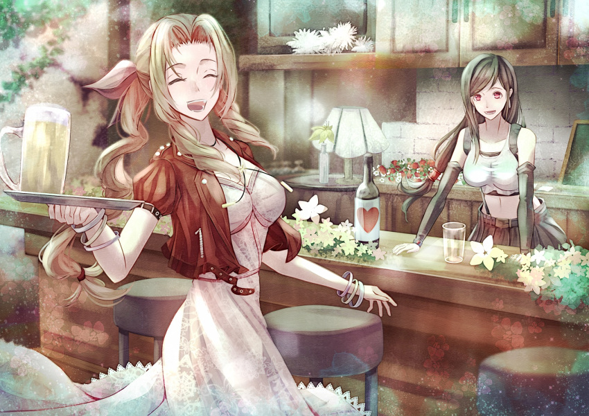 2girls, :d, ^_^, aerith_gainsborough, alcohol, arm_support, bangs, bar, bar_stool, beer, black_skirt, black_sports_bra, bottle, breasts, closed_eyes, collarbone, crop_top, cropped_jacket, cupboard, detached_sleeves, dress, earrings, final_fantasy, final_fantasy_vii, final_fantasy_vii_remake, flower, hair_ribbon, jacket, jewelry, lampshade, large_breasts, long_hair, low-tied_long_hair, midriff, mirrorclew, multiple_girls, open_mouth, parted_bangs, pink_dress, pitcher, red_eyes, red_jacket, ribbon, skirt, smile, sports_bra, stool, suspender_skirt, suspenders, swept_bangs, tank_top, tifa_lockhart, tray, tri_drills, white_tank_top, wine_bottle