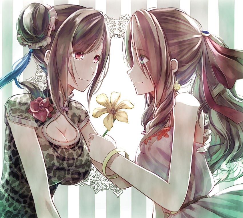 2girls, aerith_gainsborough, alternate_hairstyle, animal_print, bangs, blue_eyes, breasts, cleavage_cutout, closed_mouth, clothing_cutout, eye_contact, eyebrows_visible_through_hair, eyes_visible_through_hair, final_fantasy, final_fantasy_vii, final_fantasy_vii_remake, fingernails, flower, hair_bun, hair_ribbon, hand_on_another's_back, high_collar, highres, holding, holding_flower, large_breasts, leopard_print, long_hair, looking_at_another, medium_breasts, mirrorclew, multiple_girls, red_eyes, ribbon, short_sleeves, sleeveless, swept_bangs, tifa_lockhart, tifa_lockhart's_sporty_dress, upper_body, yuri
