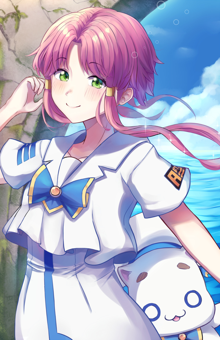 1girl, aria, aria_company_uniform, aria_pokoteng, bangs, blouse, blue_neckwear, blue_ribbon, bow, bowtie, cat, dress, forehead, green_eyes, hair_tubes, hat, highres, long_dress, looking_at_viewer, mizunashi_akari, oppaniichan, parted_bangs, pink_hair, ribbon, sailor_collar, sailor_hat, short_hair_with_long_locks, short_sleeves, sidelocks, sleeveless, sleeveless_dress, smile, solo, venice, white_blouse, white_dress