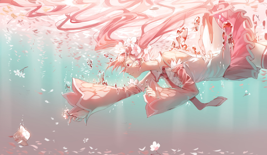 1girl, absurdres, air_bubble, bangs, bare_shoulders, blue_background, bubble, cherry_blossoms
