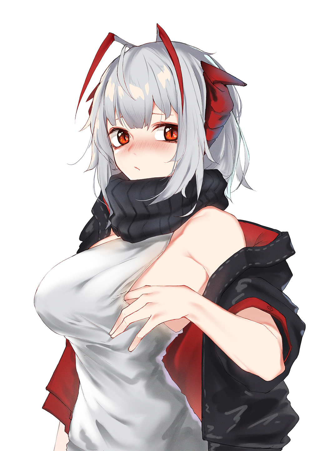 1girl, ahoge, arknights, black_jacket, black_scarf, blush, breasts, closed_mouth