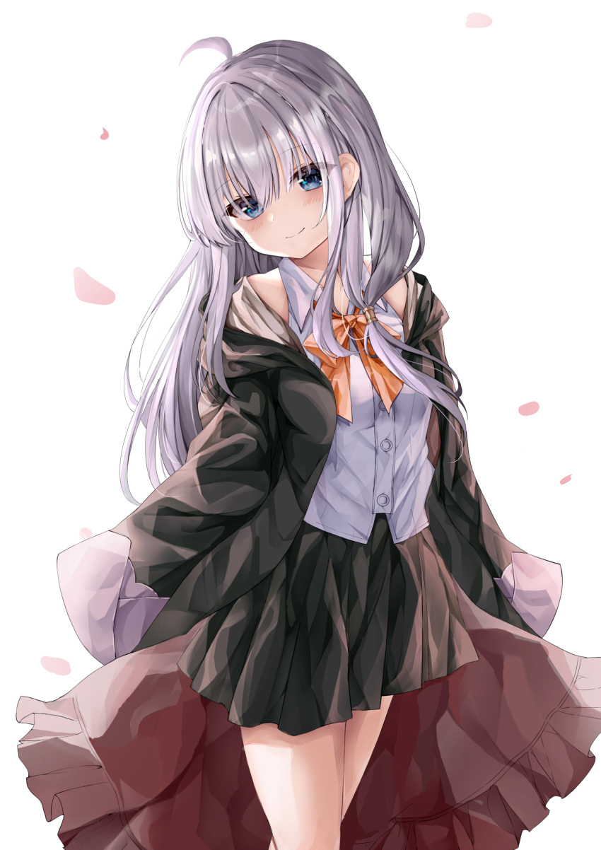 1girl, absurdres, ahoge, bangs, black_jacket, black_skirt, blue_eyes, blush