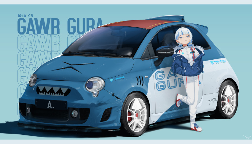 1girl, bloop_(gawr_gura), blue_background, blue_eyes, blue_hair, blue_jacket, bodysuit, car