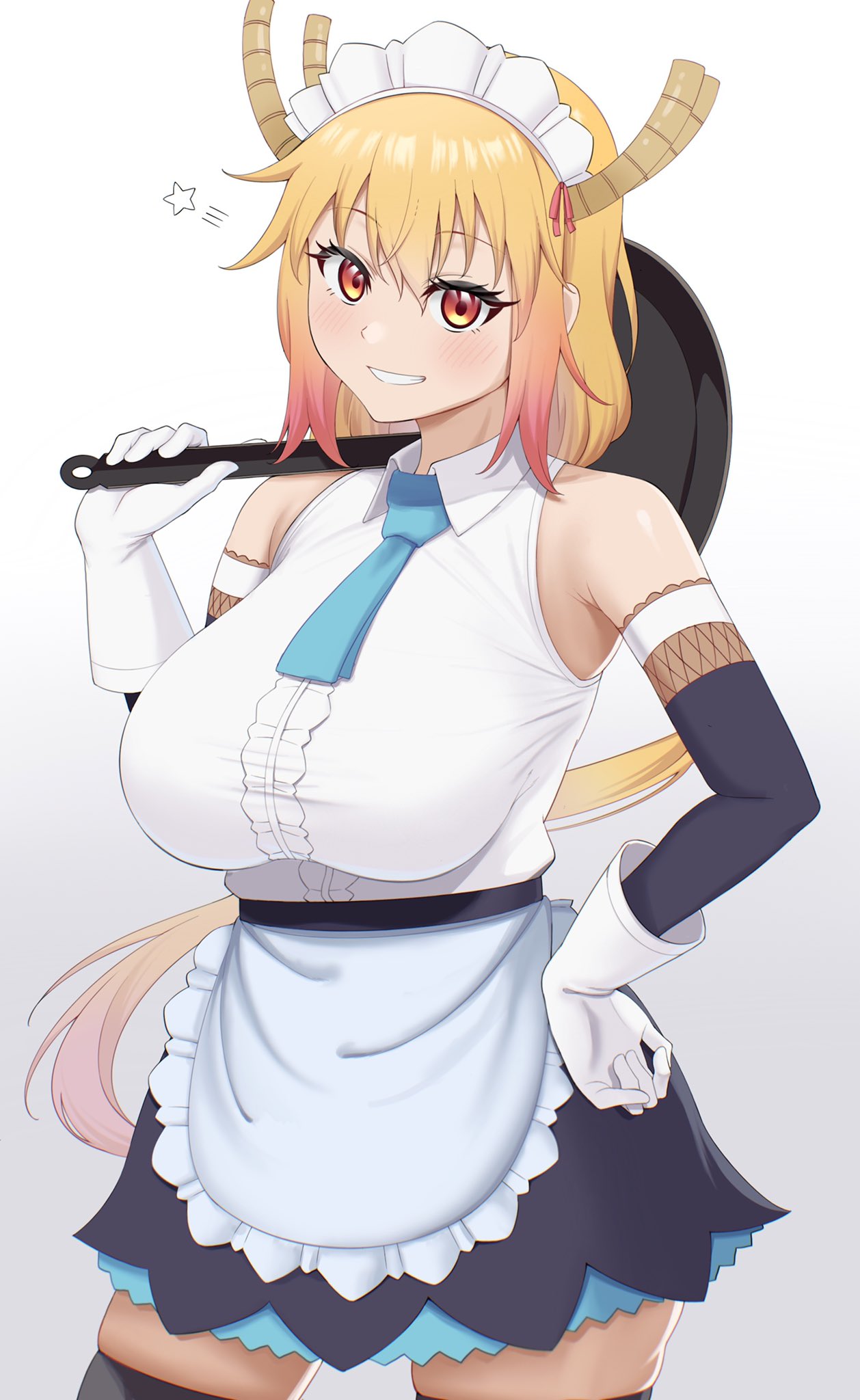 1girl, apron, bangs, black_legwear, blonde_hair, blue_neckwear, blush, breasts