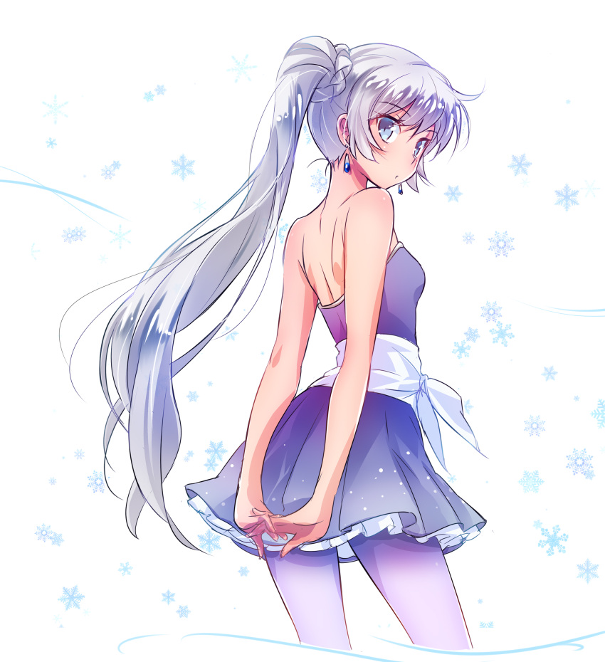 1girl, arms_behind_back, back, bangs, bare_shoulders, blue_dress, blue_eyes, blue_legwear, border, breasts, closed_mouth, commentary_request, cropped_legs, dress, earrings, eyebrows_visible_through_hair, frilled_dress, frills, from_side, hands_clasped, highres, iesupa, jewelry, lavender_legwear, long_hair, looking_at_viewer, own_hands_together, pantyhose, rwby, scar, scar_across_eye, scarf, short_dress, side_ponytail, silver_hair, small_breasts, snowflake_background, solo, strapless, strapless_dress, tiara, very_long_hair, waist_bow, weiss_schnee