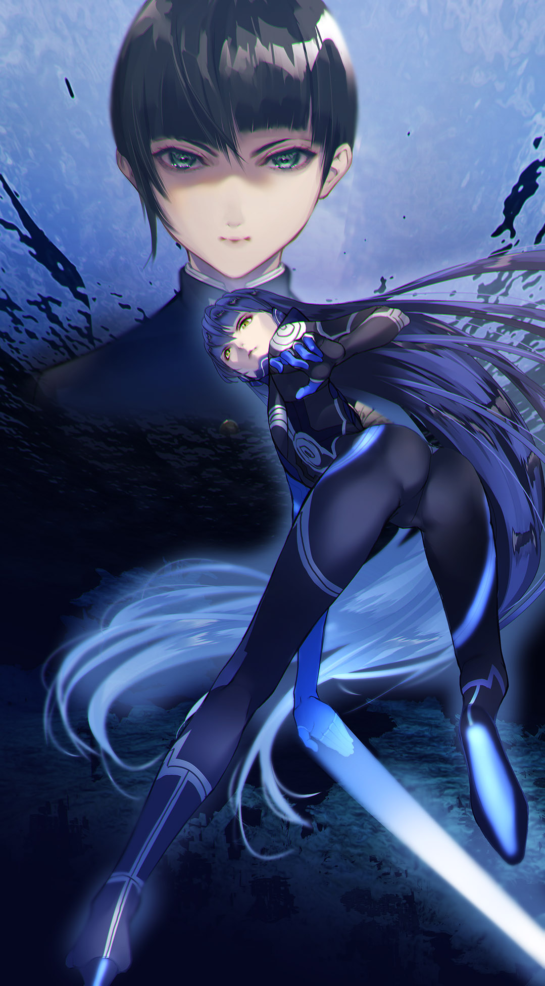 2boys, androgynous, ass, bangs, between_legs, black_bodysuit, black_hair, blue_hair