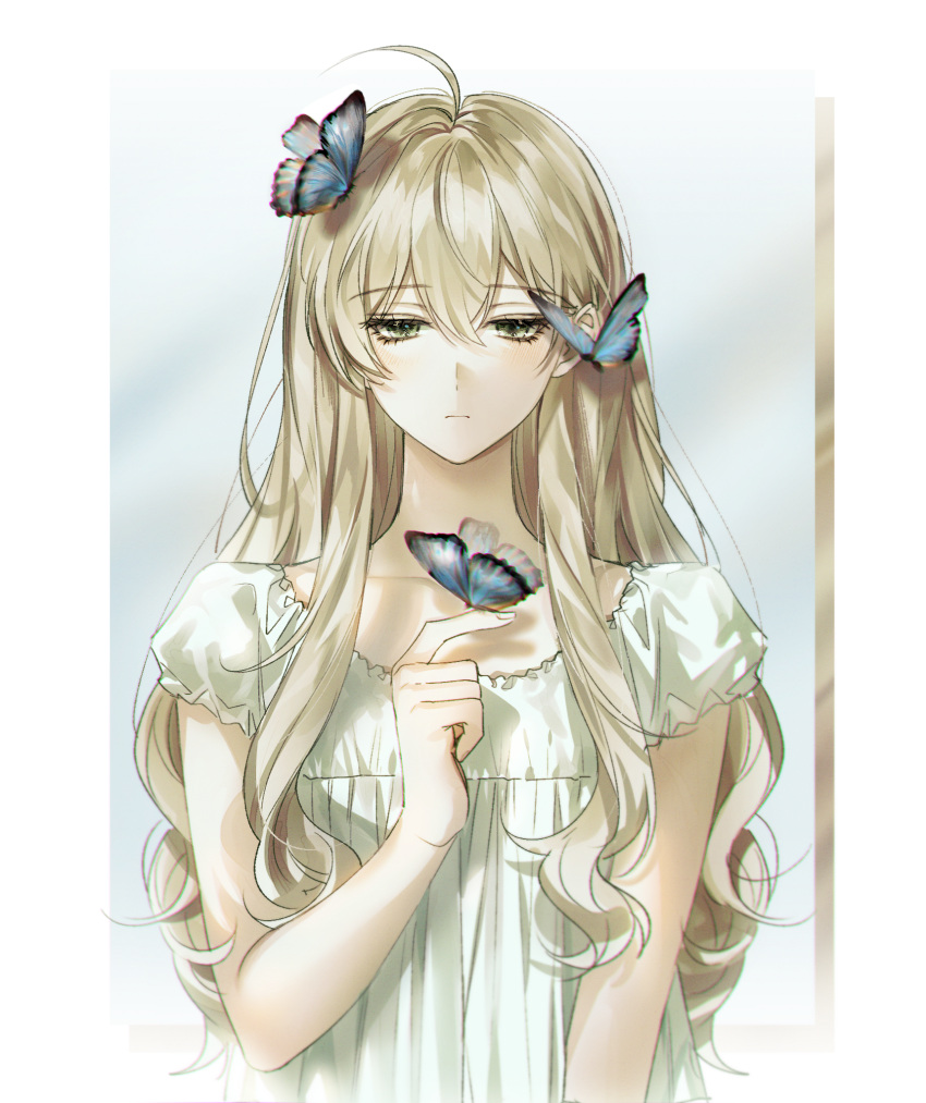 1girl, ahoge, bangs, blonde_hair, blue_background, border, bug, butterfly