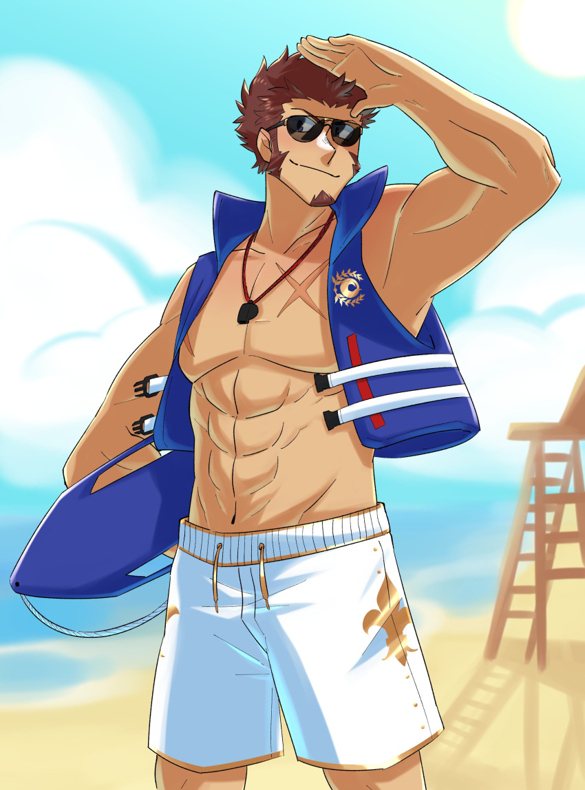 1boy, abs, absurdres, alternate_costume, bare_pectorals, beach, black-framed_eyewear, blue_eyes