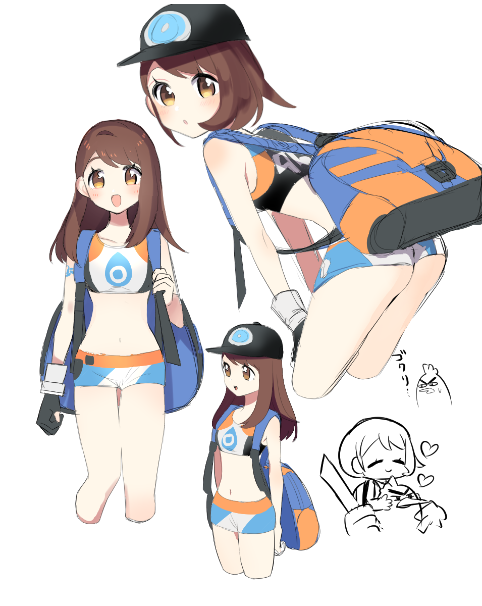1girl, :d, alternate_hair_length, alternate_hairstyle, backpack, bag, bangs, baseball_cap, bent_over, bike_shorts, black_headwear, blue_bag, blush, brown_eyes, brown_hair, commentary_request, cosplay, eyelashes, gen_8_pokemon, gloria_(pokemon), gloves, gym_trainer_(pokemon), gym_trainer_(pokemon)_(cosplay), hat, heart, highres, holding_strap, long_hair, midriff, mosu2, multiple_views, navel, open_mouth, parted_lips, partially_colored, pokemon, pokemon_(creature), pokemon_(game), pokemon_swsh, shiny, shiny_hair, single_glove, sirfetch'd, sketch, smile, white_background