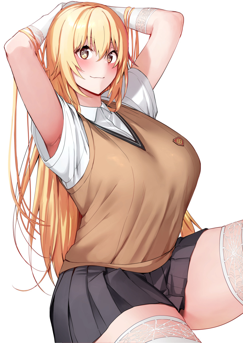 +_+, 1girl, absurdres, amano_don, arms_behind_head, arms_up, bangs, blonde_hair