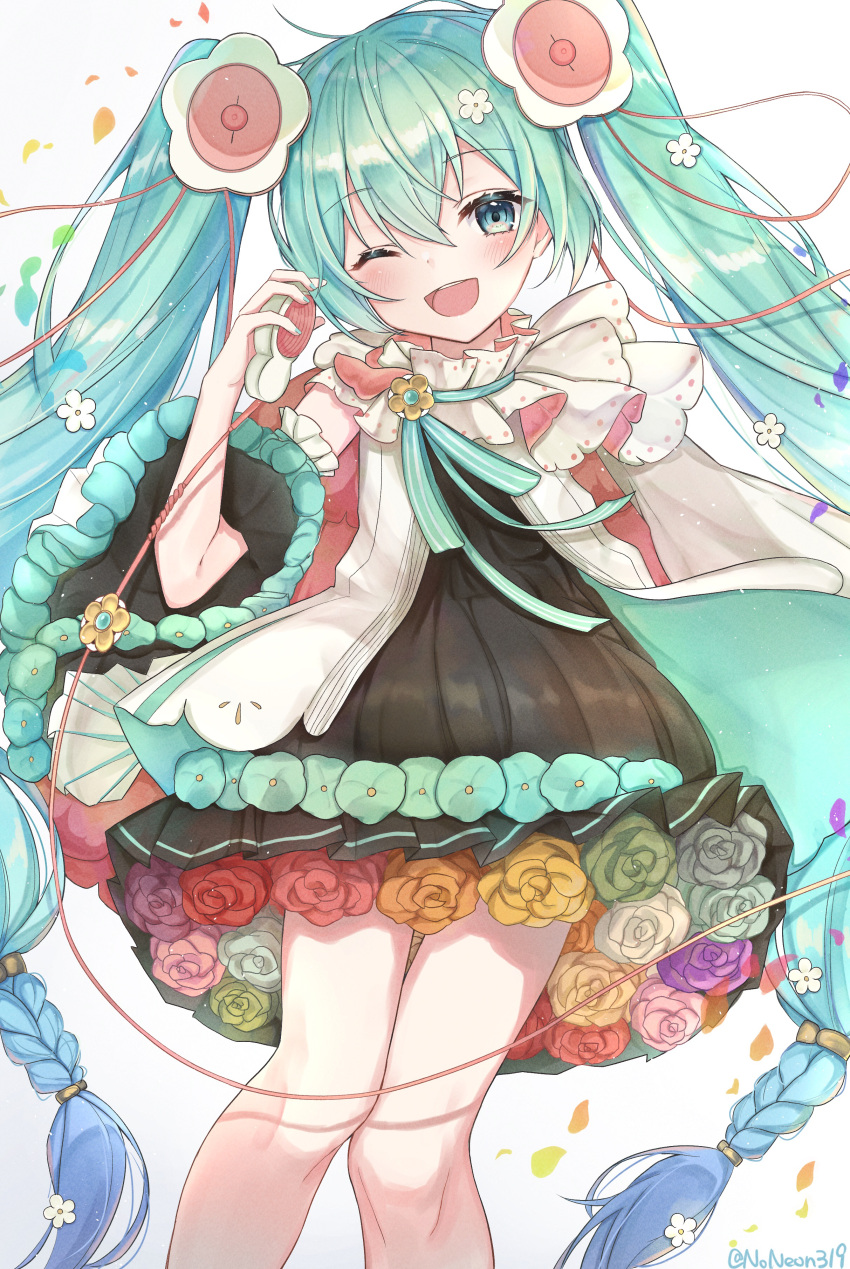 1girl, absurdres, aqua_flower, aqua_rose, black_dress, black_skirt, blue_flower, blue_hair