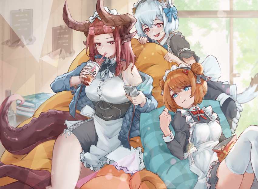 3girls, animal_ears, apron, bangs, blue_eyes, bow, brown_hair, cat_ears