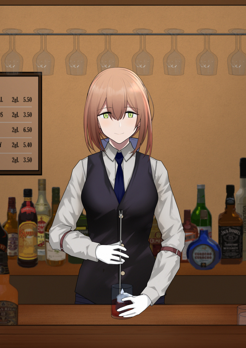 1girl, absurdres, black_vest, blue_neckwear, bottle, brown_hair, collared_shirt, cup