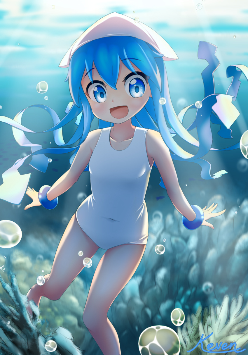 1girl, artist_name, barefoot, blue_eyes, blue_hair, bracelet, casual_one-piece_swimsuit, covered_navel