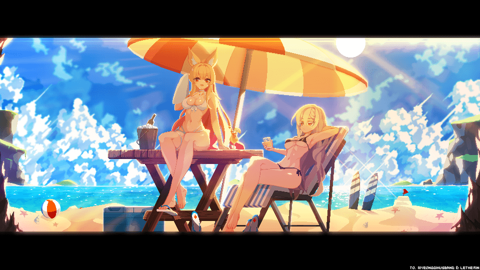 2girls, aduare, animal_ears, animated, animated_gif, ball, beach, beachball