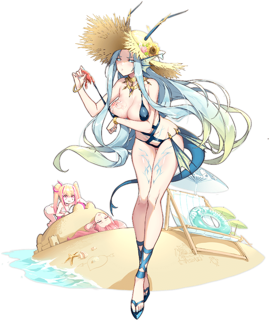 3girls, animal_print, ark_order, beach, beach_umbrella, behemoth_(ark_order), blonde_hair, blue_eyes, blue_footwear, blue_hair, blue_nails, buried, character_name, drill_hair, fish_print, gradient_hair, hat, head_fins, horns, innertube, leviathan_(ark_order), lobster, loki_(ark_order), long_hair, looking_at_another, multicolored_hair, multiple_girls, nail_polish, ocean, pink_eyes, pubic_tattoo, sand_castle, sand_sculpture, sandals, seashell, shanyao_jiang_tororo, shell, starfish, straw_hat, tattoo, thigh_tattoo, toenail_polish, toenails, twin_drills, umbrella, very_long_hair