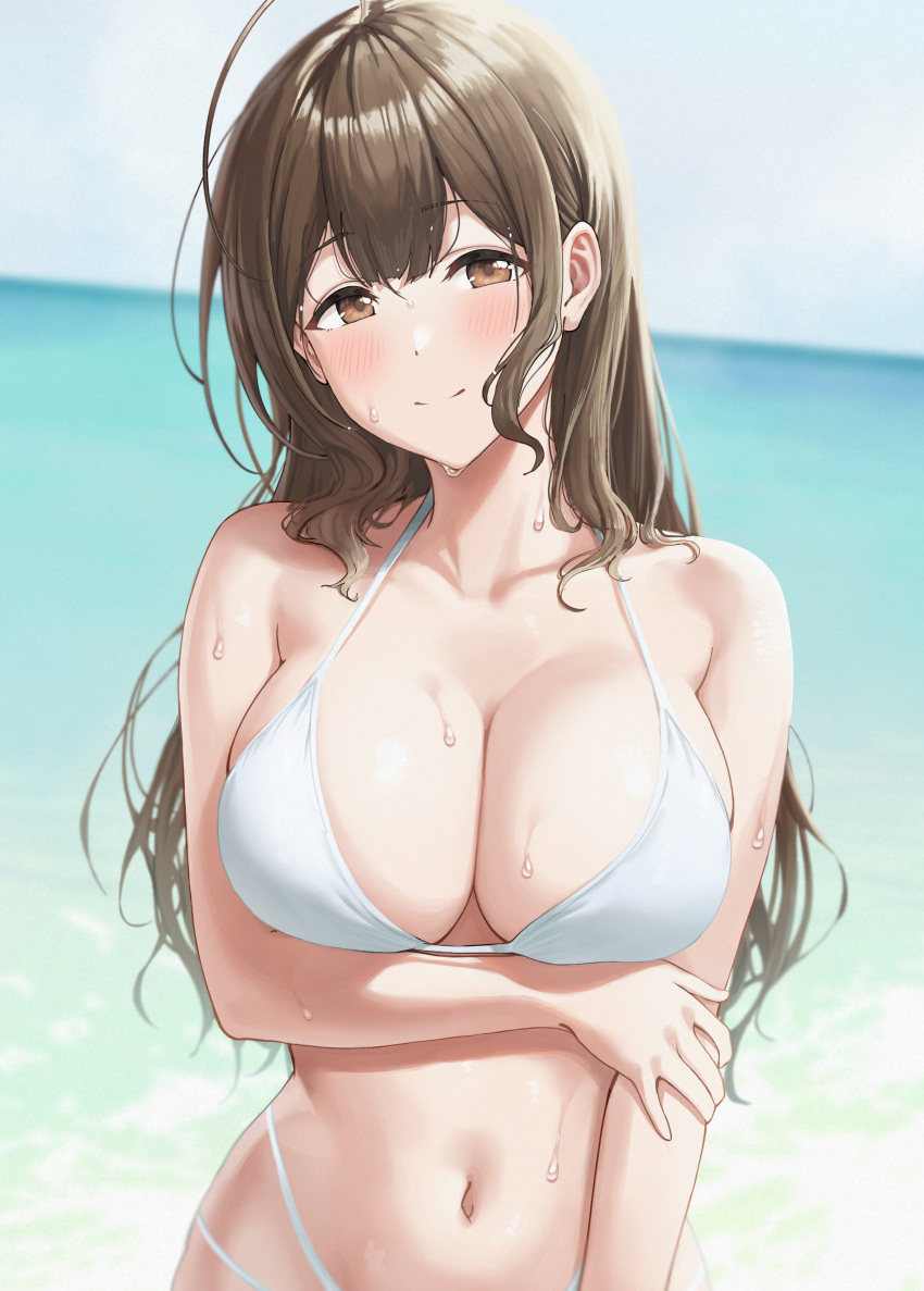1girl, absurdres, ahoge, bikini, blue_sky, blush, breasts, brown_eyes