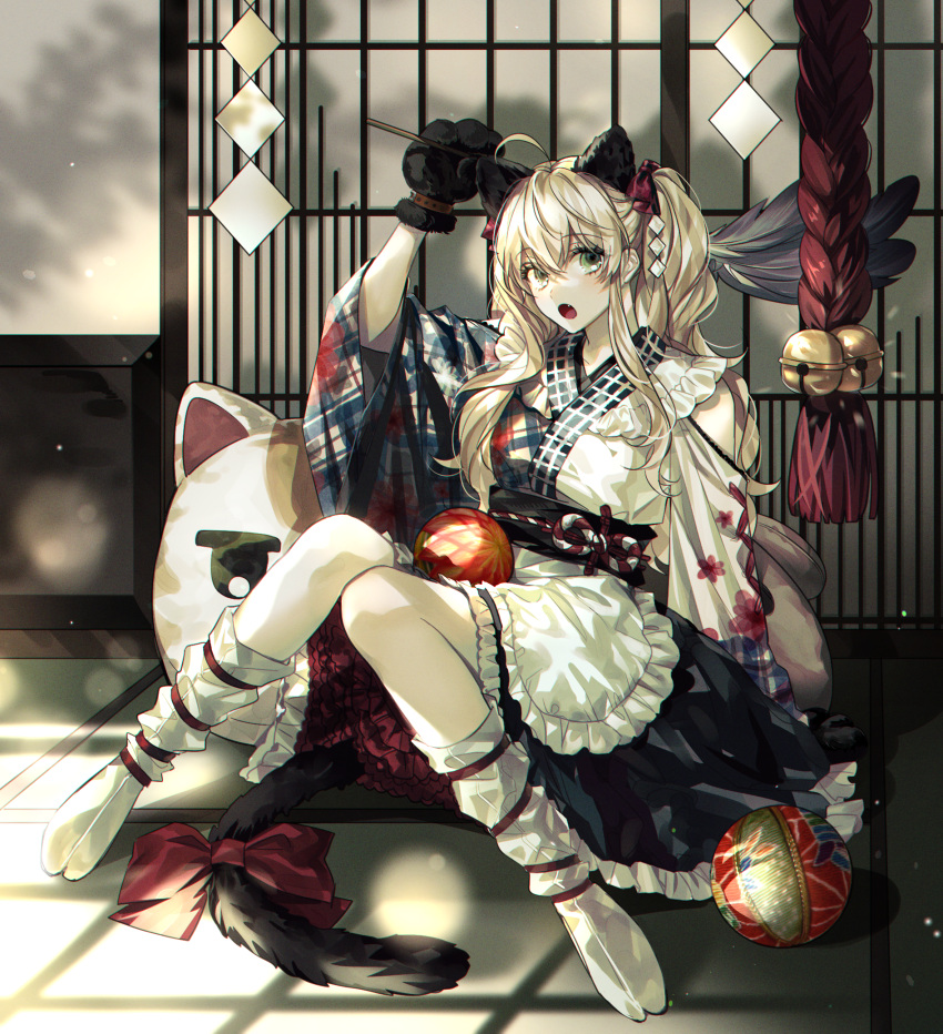 1girl, :o, ahoge, animal_ears, bangs, blonde_hair, bow, cat_ears, commentary, eyebrows_visible_through_hair, fan, gloves, green_eyes, highres, holding, japanese_clothes, kimono, kneehighs, knees_together_feet_apart, long_hair, long_sleeves, looking_at_viewer, ma_yoyo, no_shoes, open_mouth, original, paw_gloves, paws, shrine, sidelocks, solo, symbol_commentary, tabi, tail, tail_bow, tail_ornament, white_kimono, white_legwear, wide_sleeves