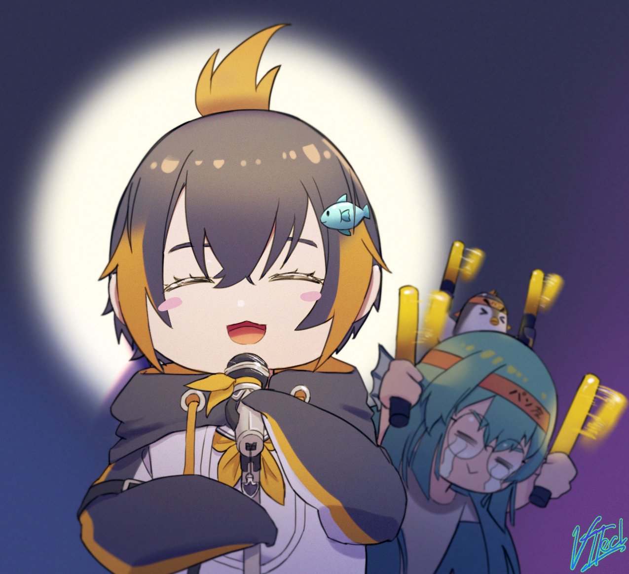 >_<, 2girls, ^_^, animal_on_head, bangs, bird, bird_on_head, black_hoodie