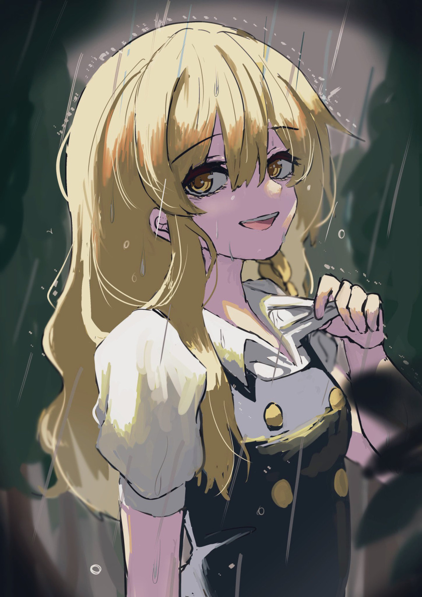 1girl, black_dress, blonde_hair, bow, braid, buttons, collared_shirt, commentary_request