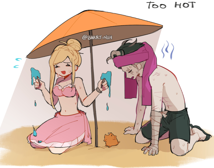 1boy, 1girl, :d, abs, animal, bandaged_arm, bandages, bangs