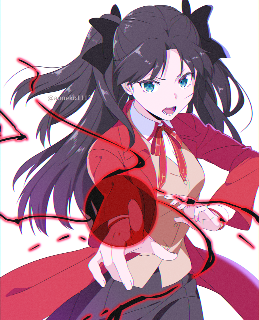 1girl, aoneko1112, black_hair, black_ribbon, black_skirt, brown_vest, collared_shirt, commentary, cowboy_shot, fate/stay_night, fate_(series), film_grain, green_eyes, homurahara_academy_uniform, jacket, long_hair, magic, open_mouth, red_jacket, ribbon, shirt, skirt, solo, teeth, tohsaka_rin, tongue, twintails, twitter_username, vest, white_background, white_shirt