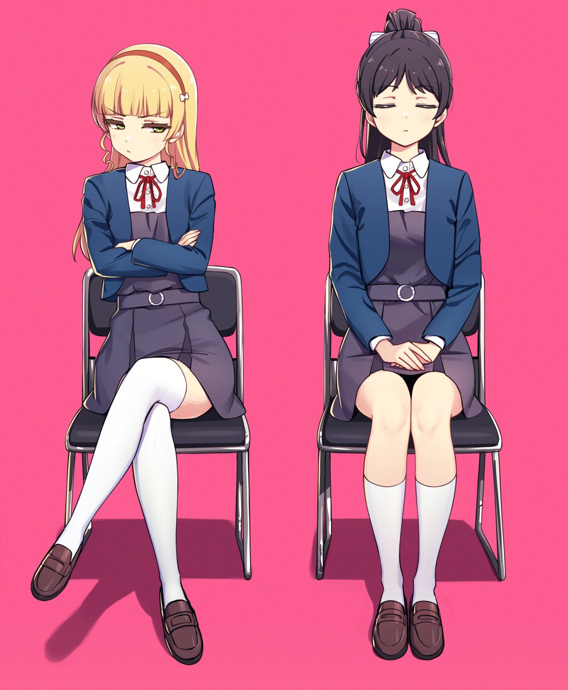 2girls, bangs, black_hair, black_skirt, blazer, blonde_hair, blue_jacket, blunt_bangs