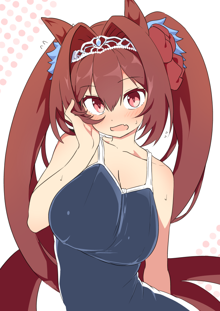 1girl, animal_ears, blush, bow, breasts, commentary_request, daiwa_scarlet_(umamusume), eyebrows_visible_through_hair, fang, hair_bow, horse_ears, horse_girl, large_breasts, long_hair, looking_at_viewer, one-piece_swimsuit, one_eye_closed, open_mouth, red_bow, red_eyes, redhead, school_swimsuit, skin_fang, solo, swimsuit, tiara, tottotonero, twintails, umamusume, very_long_hair