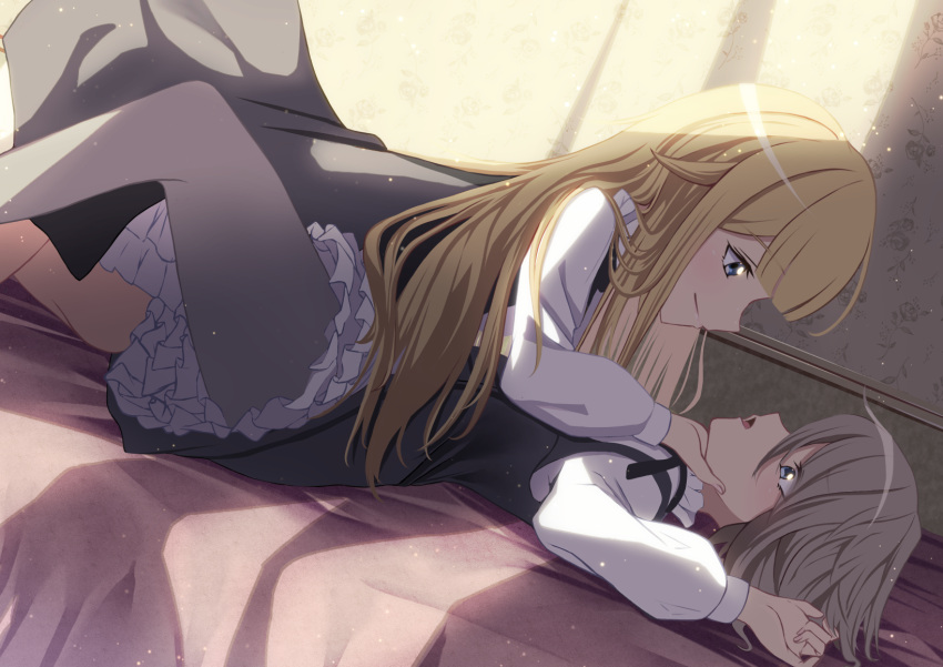 2girls, ange_(princess_principal), black_dress, blonde_hair, brown_hair, commentary, dress, eye_contact, hand_on_another's_chin, harikonoma, highres, indoors, long_sleeves, looking_at_another, lying, multiple_girls, on_back, on_bed, pantyhose, princess_(princess_principal), princess_principal, school_uniform, smile, yuri