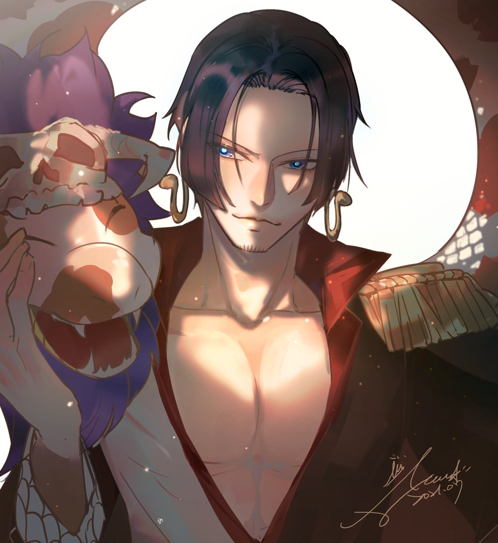 1boy, animal, black_hair, blue_eyes, blue_pupils, boa_hancock, chinese_commentary, closed_mouth, coat, collarbone, commentary_request, earrings, emase_(foxmoon), eyes_visible_through_hair, facial_hair, genderswap, genderswap_(ftm), high_collar, jewelry, looking_at_another, male_focus, mature_male, one_piece, pectorals, salome_(one_piece), shichibukai, short_hair, signature, simple_background, smile, snake, snake_earrings, upper_body, white_background