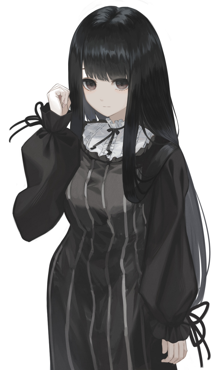 1girl, absurdres, bangs, black_dress, black_hair, black_theme, blunt_bangs, breasts